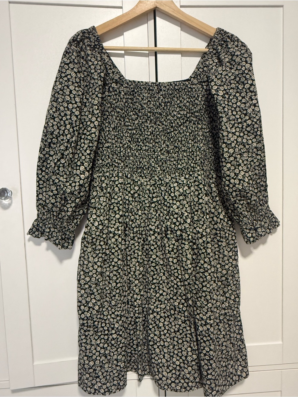Black Floral Smocked Mini Dress XS Puff Sleeve Madewell